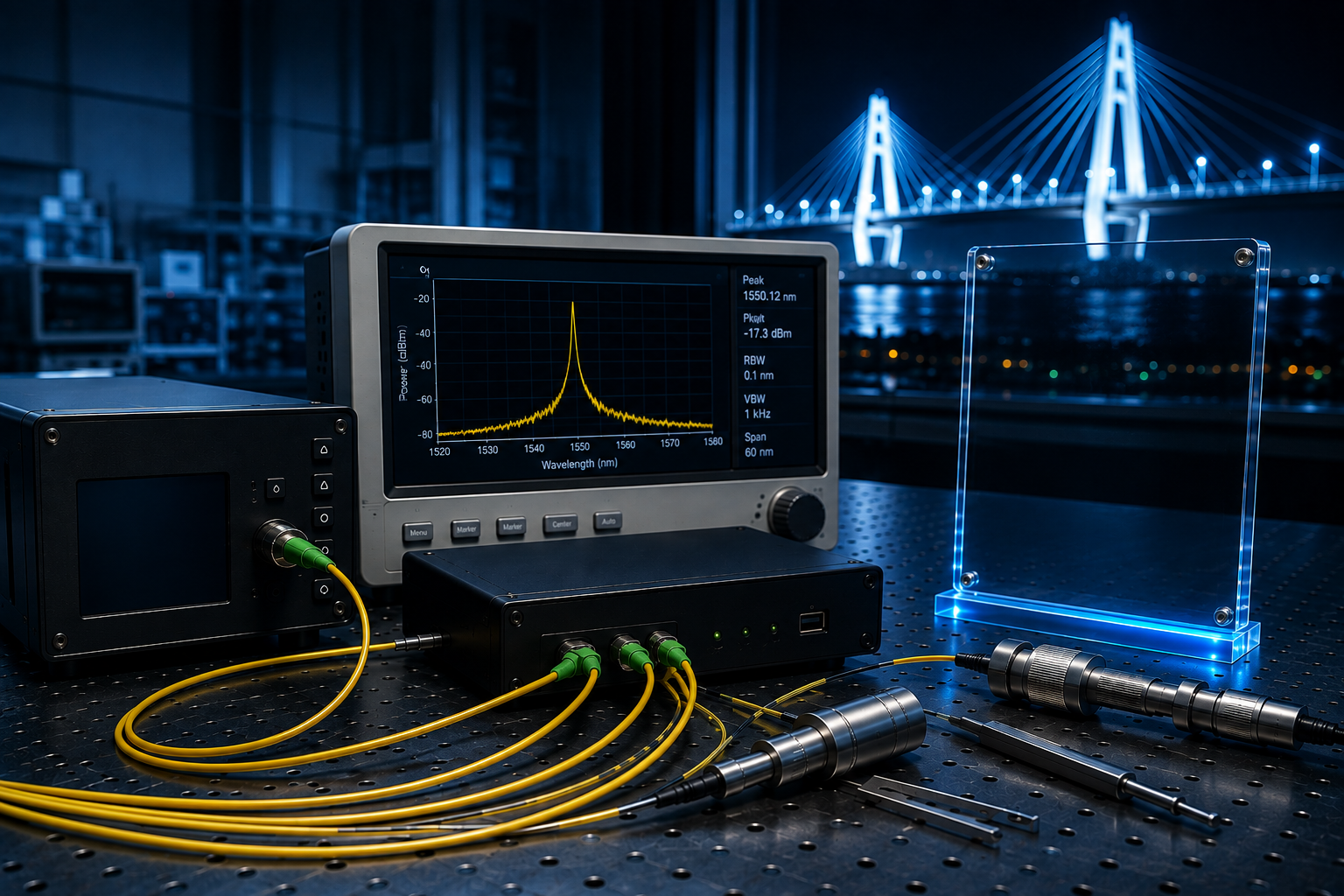 Fiber optic sensing system with SLED broadband source, optical spectrum analyzer and sensing applications for temperature, structural health, pressure and strain