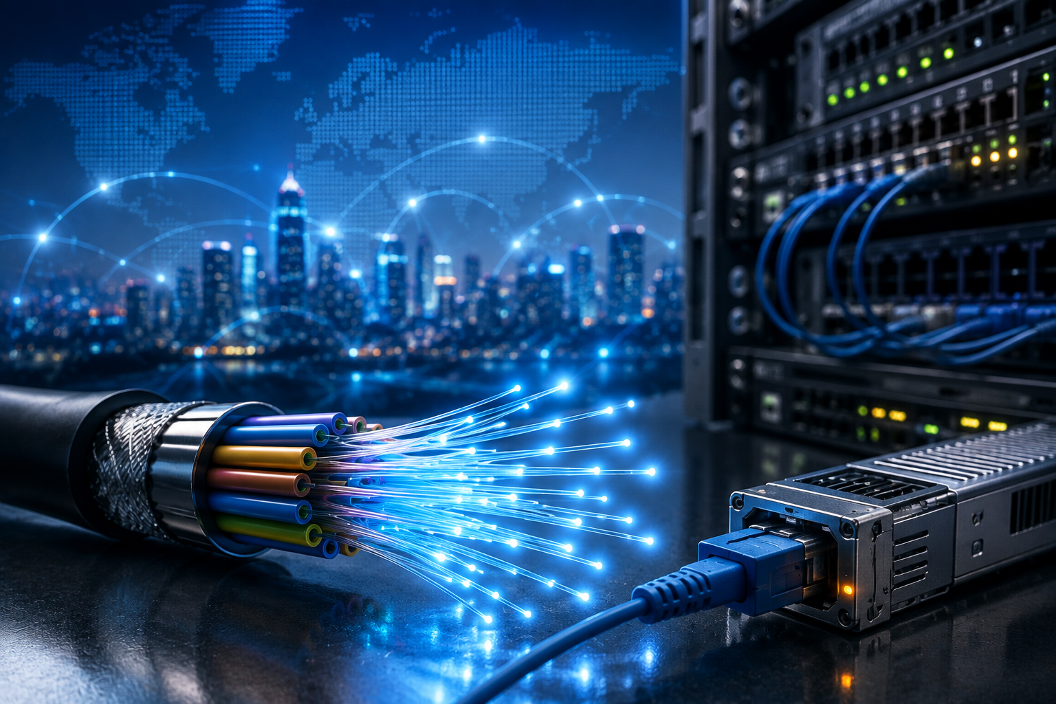 Optical communication fiber cable with illuminated strands connecting to network switching hardware, city network overlay in the background