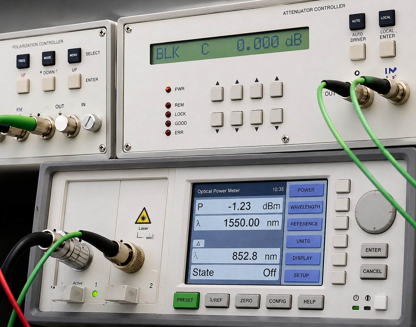 Rack-mounted optical power meter, attenuator controller and polarization controller connected via fiber patch cords during optical testing