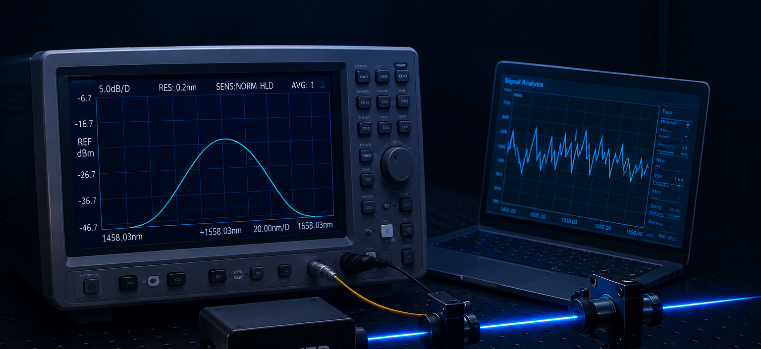 Optical measurement and testing setup with spectrum analyzer, signal analysis laptop and optical bench
