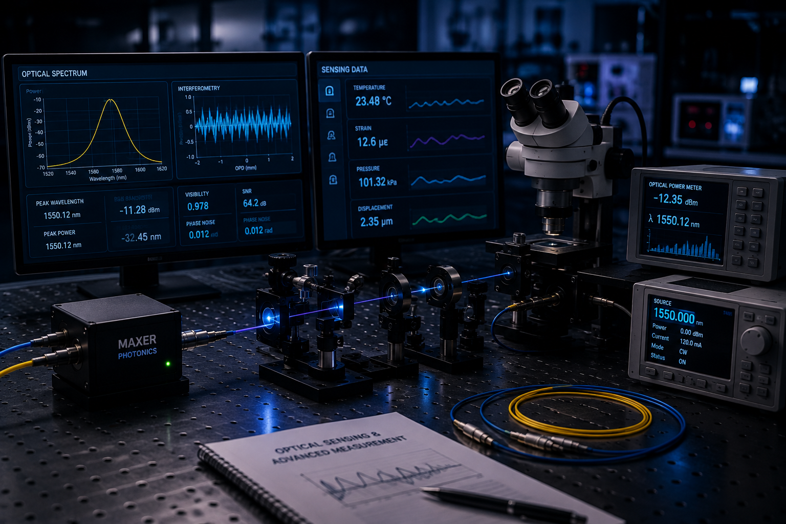 Optical sensing and advanced measurement lab setup with spectrum, interferometry and sensing data displays