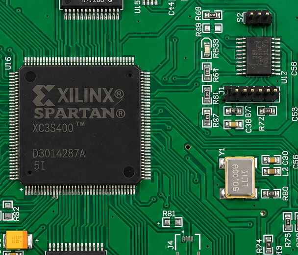 Real Maxer Photonics in-house engineered PCB, built around a Xilinx Spartan FPGA