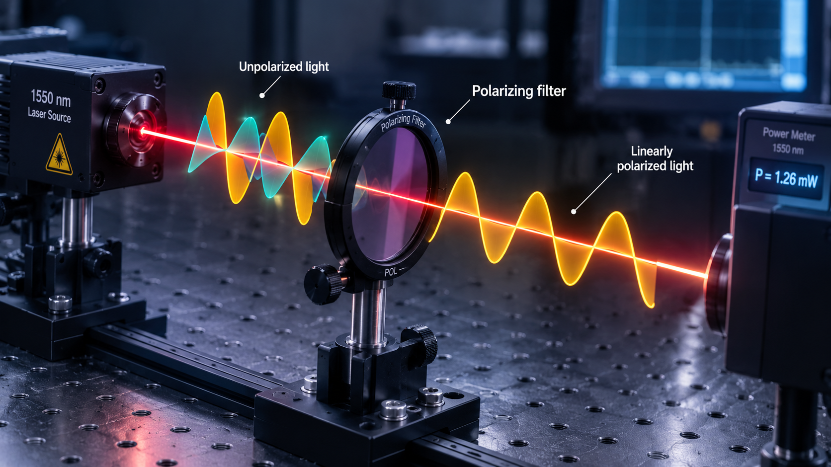Diagram of a 1550 nm laser source passing through a polarizing filter to produce linearly polarized light, measured by a power meter