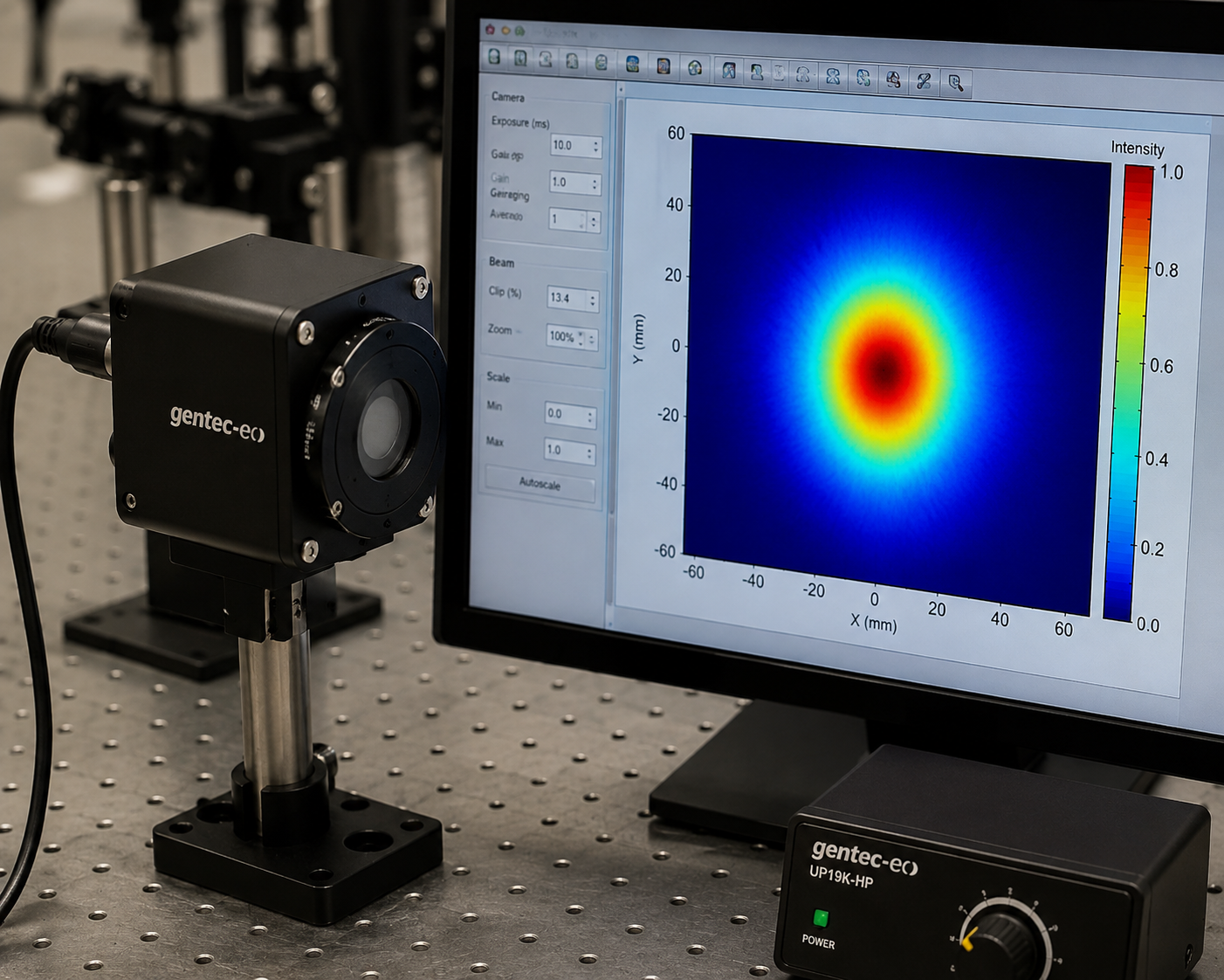Beam profiling camera and intensity heatmap software measuring the output beam profile of a precision optical source