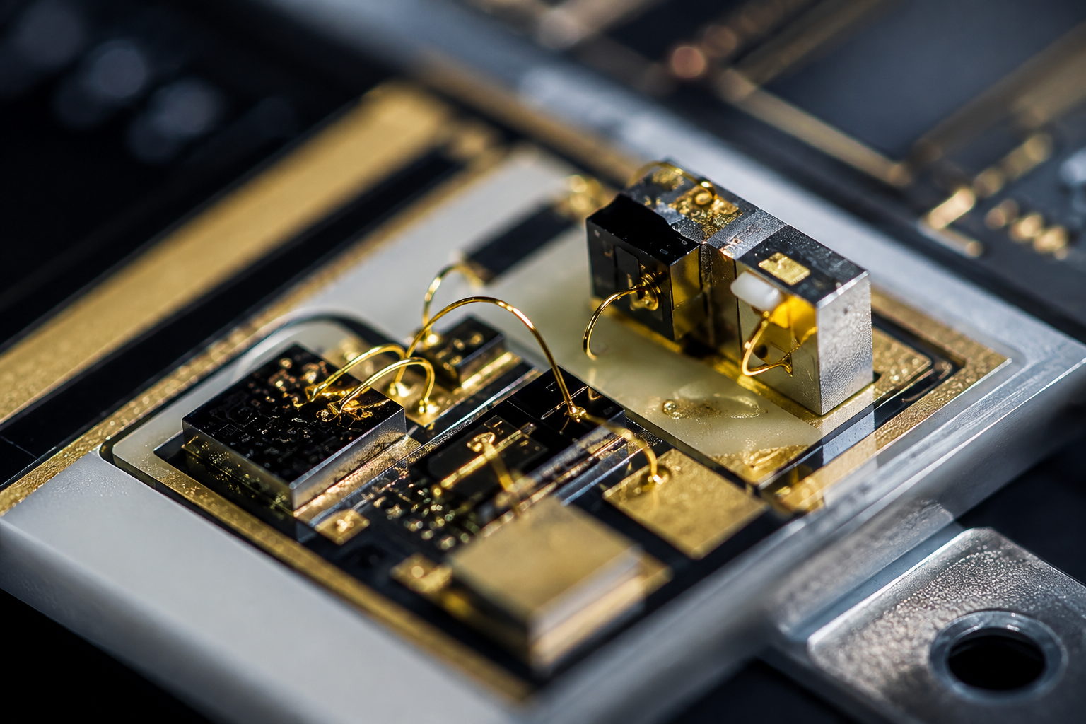 Custom-engineered photonic module: multiple semiconductor dies wire-bonded together on a single gold-plated package header