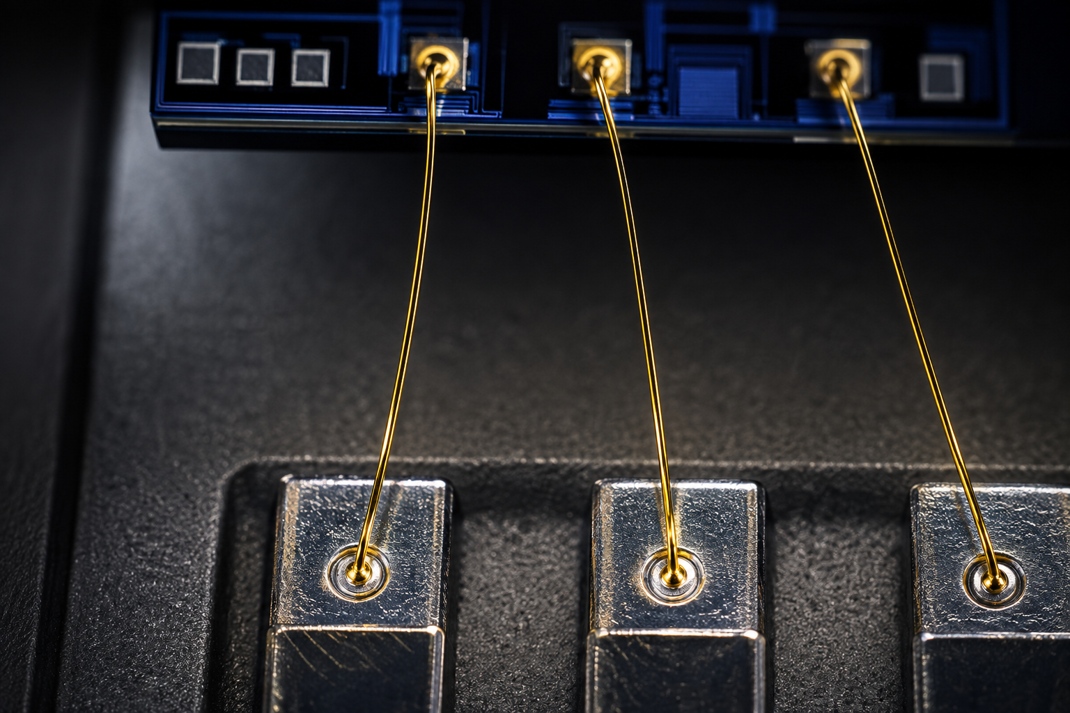 Macro photograph of real gold wire bonds looping from a photonic die array down to package leads during in-house fiber-optic manufacturing and assembly