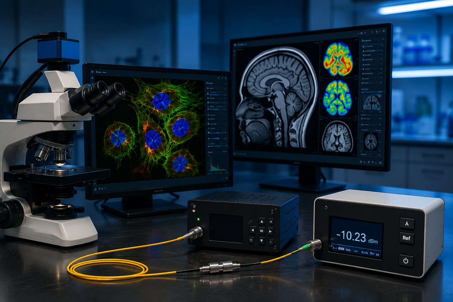 Biomedical imaging — microscopy and MRI displays alongside optical test equipment