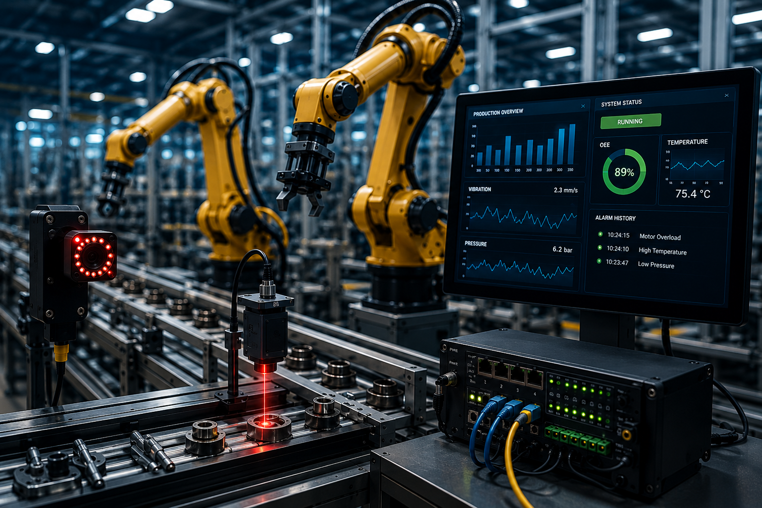 Industrial monitoring and automation — robotic arms and a process dashboard