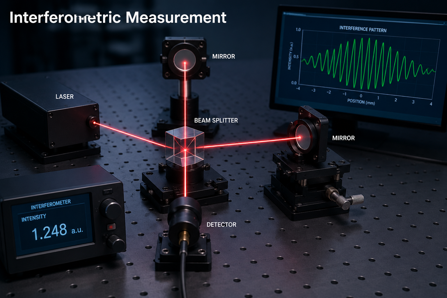 Interferometric measurement setup with laser, beam splitter and mirrors